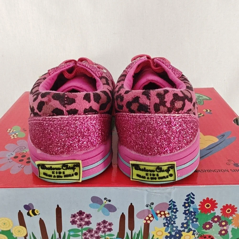 Western Chief Kids Sneaker Flashy Leopard Pink Glitter Black Lace Up‎ 9.5 New